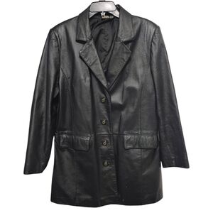 Newport News Black Button Front Genuine Leather Jacket Coat Women's Size Large L